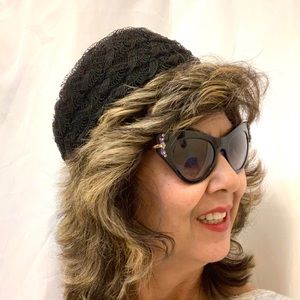 Vtg 60s Pillbox Hat Black Lace Pattern